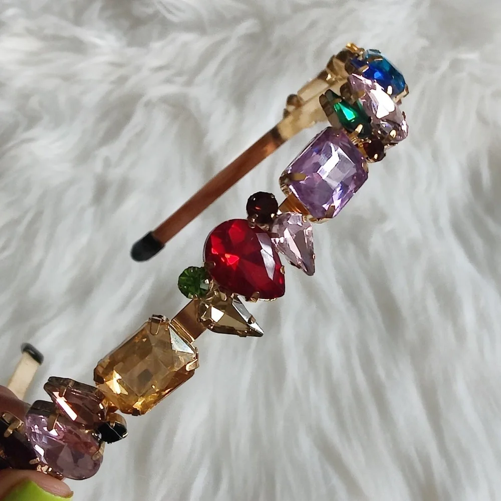 Chunky Multicolor Crystal Statement Headband Gold Jewel Tone Hairband OS